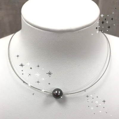 Collier solitaire perle gris foncé 9 mm, 42 cm