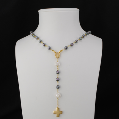 Collier Chapelet Evolutif Croix Perle Grise Blanche