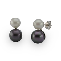 Boucles d'oreilles double perle noire blanche