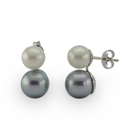 Boucles d'oreilles clous double perle grise et blanche